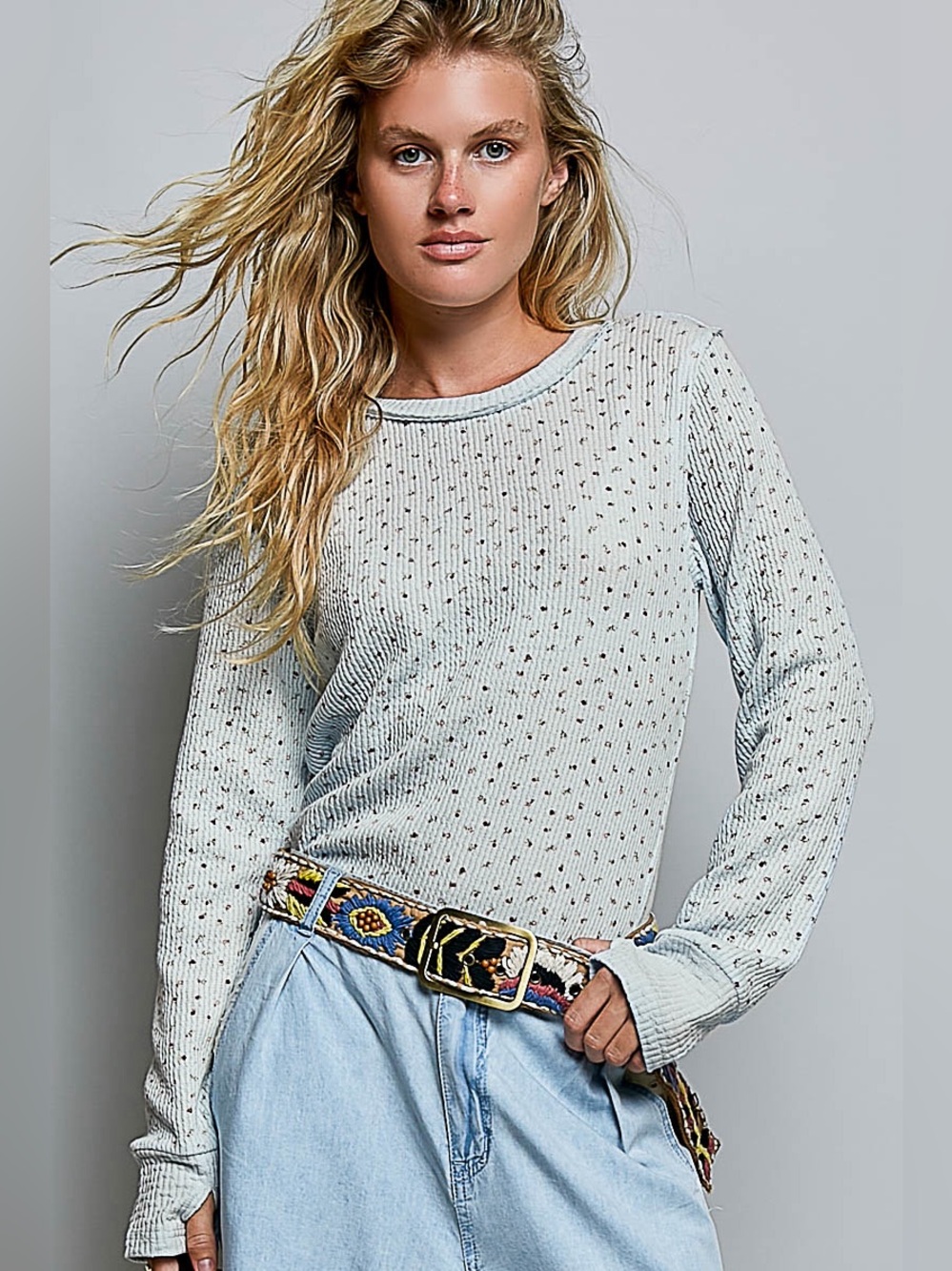 🩵 POL Ribbed Knit Floral Crew Neck Long Sleeve Top-Pale Blue